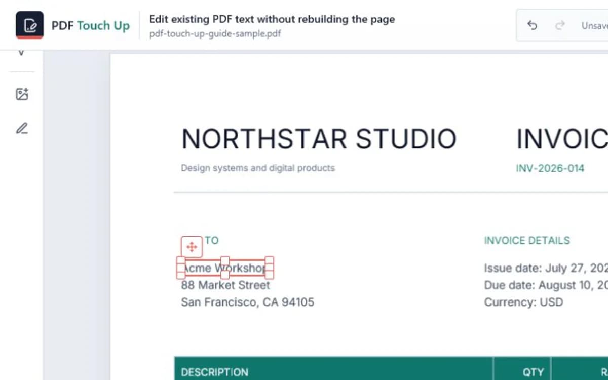 A line of text selected for direct editing in PDF Touch Up