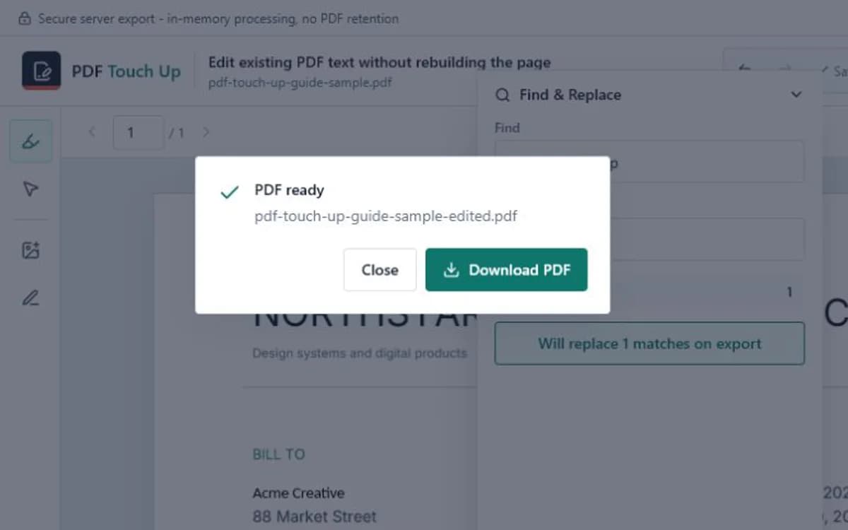 PDF Touch Up export completed with a download action