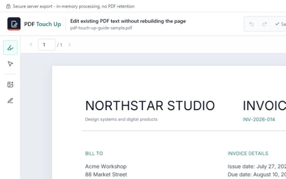 A fictional invoice opened in PDF Touch Up