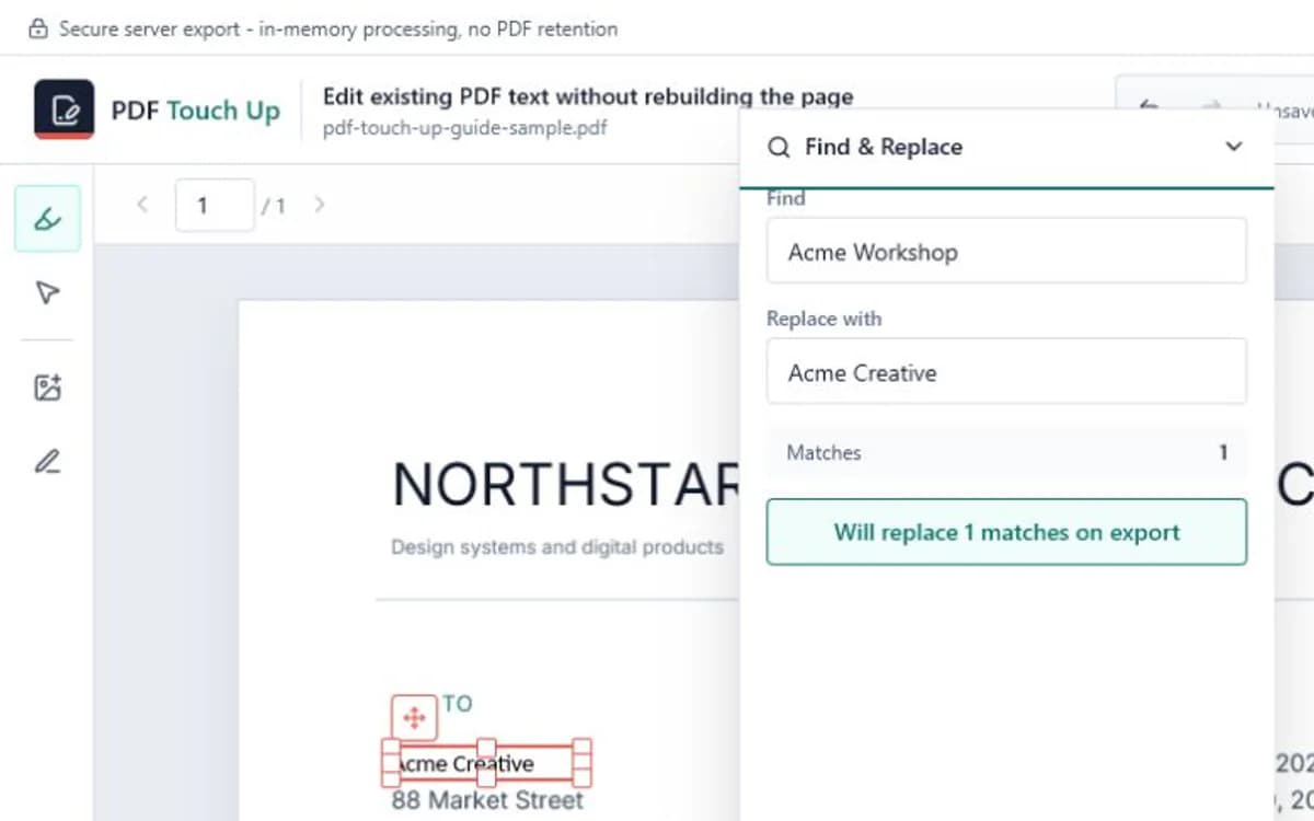 Find and Replace panel showing detected matches in a PDF