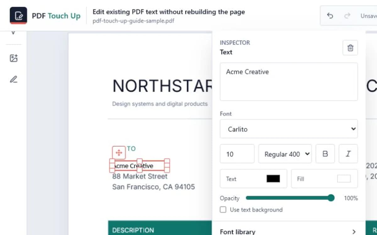 Font family, size, weight, color, and opacity controls in PDF Touch Up